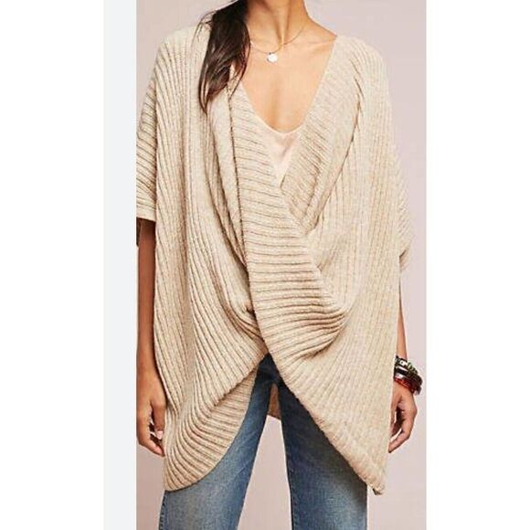 BY ANTHROPOLOGIE beige wool blend rib knit oversized sweater poncho wrap OS - Picture 2 of 9